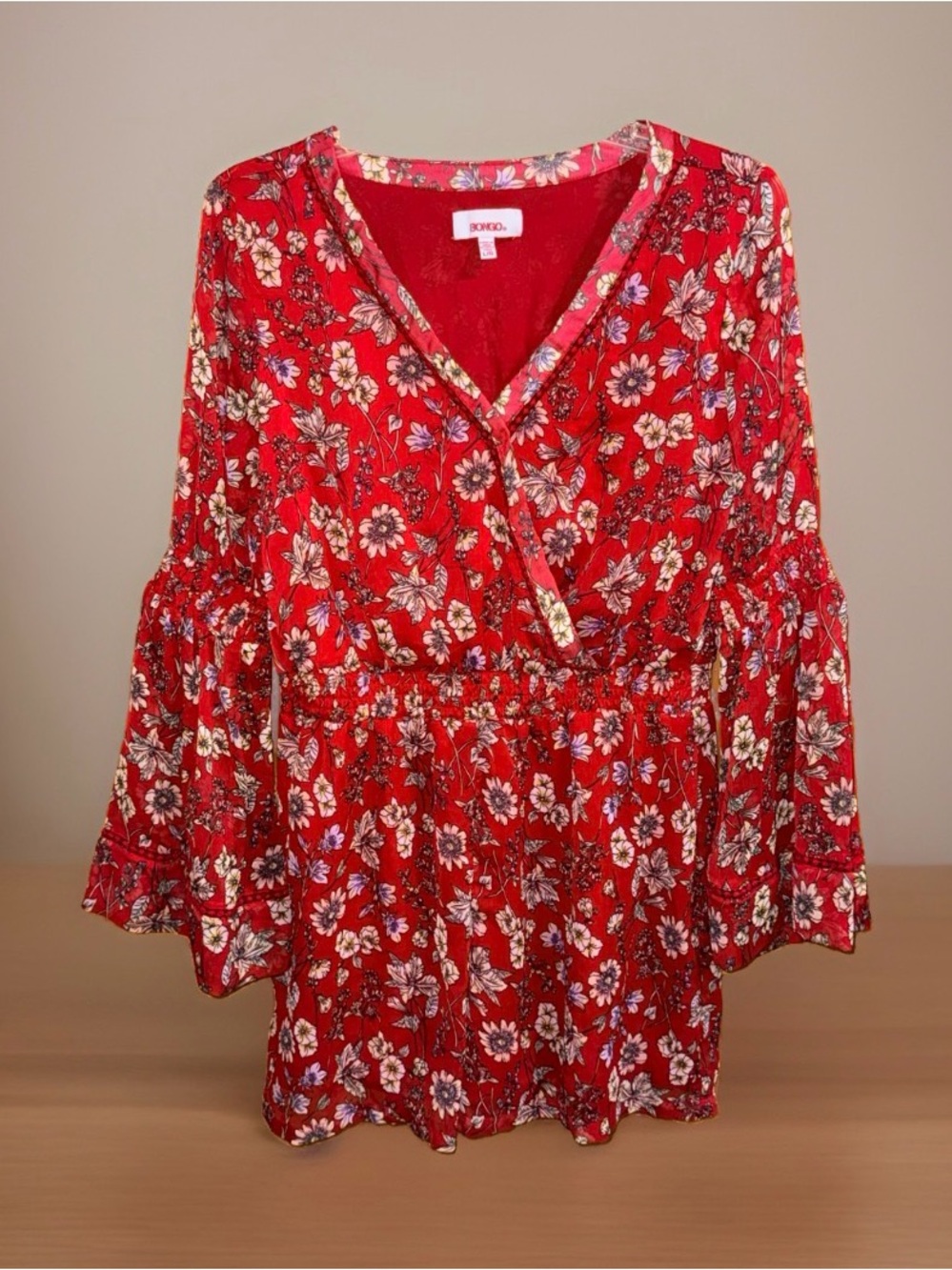 BONGO Women’s Red Floral Wrap-Style Romper w/Bell Sleeve & Smocked Waist-L-EC